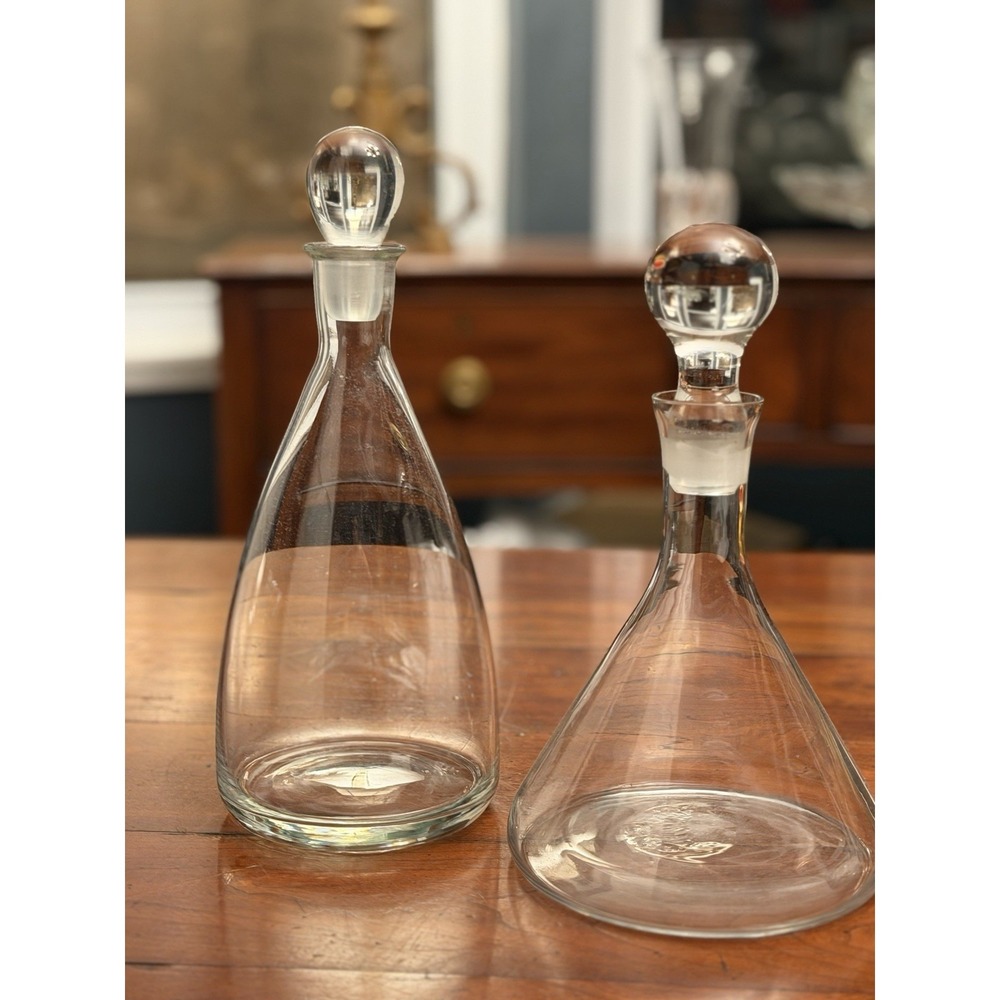 Vintage Clear Glass Decanter Pair Round Ball Stoppers Mid Century Modern Barware